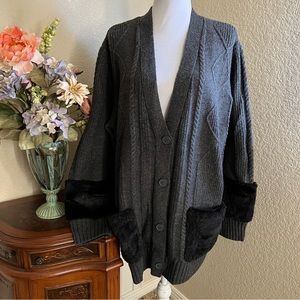 Vera Wang Cable Knit Fur Trimmed Cardigan Sweater